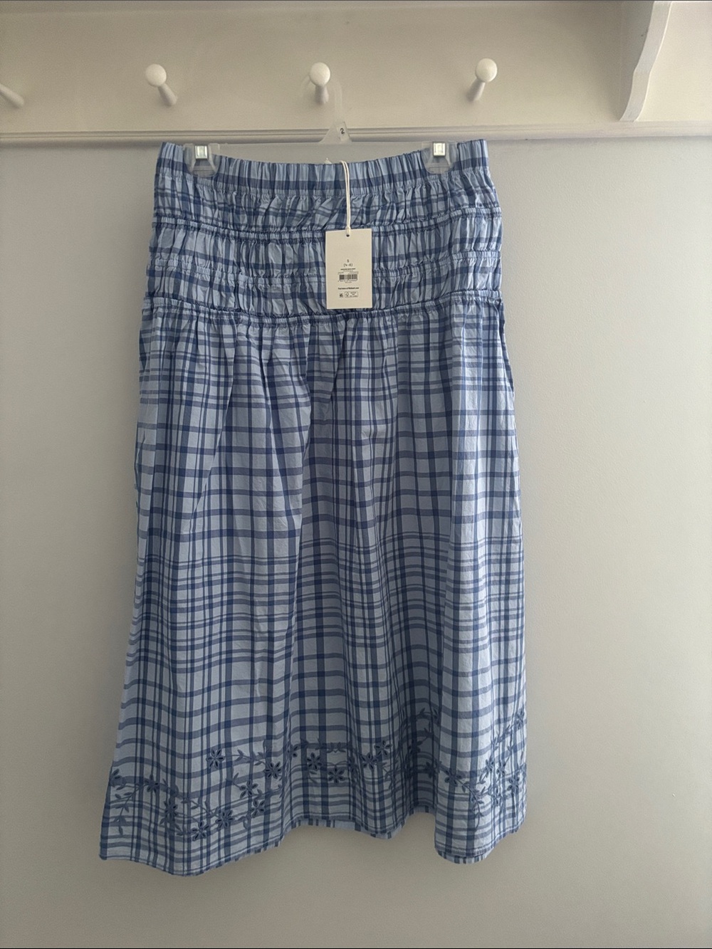 Smocked Waist Blue Plaid Midi Skirt